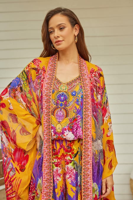 Zariaah_Yellow Viscose, Silk, Chiffon Crystals V-neck Tropical Print Cape With Jumpsuit _Online_at_Aza_Fashions