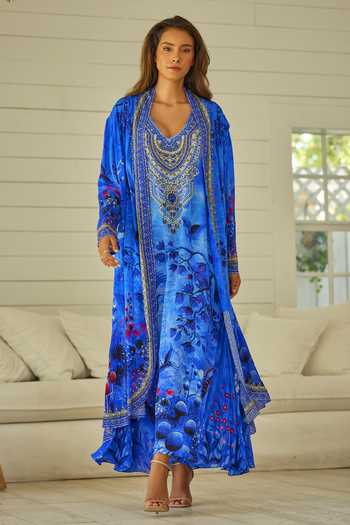 Zariaah_Blue Viscose, Silk Crystals, Embroidery V-neck, Botanic Print Dress And Jacket Set _Online_at_Aza_Fashions