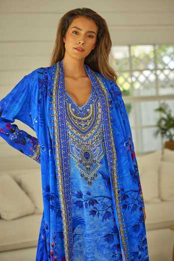 Buy_Zariaah_Blue Viscose, Silk Crystals, Embroidery V-neck, Botanic Print Dress And Jacket Set _Online_at_Aza_Fashions