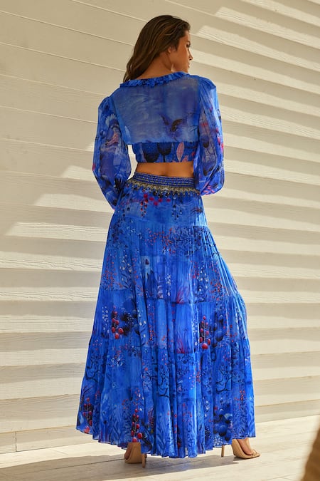 Shop Zariaah Blue Viscose, Silk, Chiffon Crystals Botanic Print Blouse And Tiered Skirt Set at Aza Fashions Shop_Zariaah_Blue Viscose, Silk, Chiffon Crystals Botanic Print Blouse And Tiered Skirt Set _at_Aza_Fashions