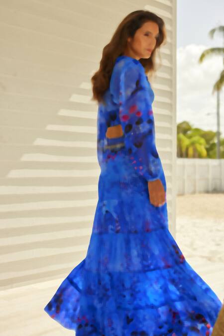 Shop Zariaah Blue Viscose, Silk, Chiffon Crystals Botanic Print Blouse And Tiered Skirt Set Online at Aza Fashions Shop_Zariaah_Blue Viscose, Silk, Chiffon Crystals Botanic Print Blouse And Tiered Skirt Set _Online_at_Aza_Fashions
