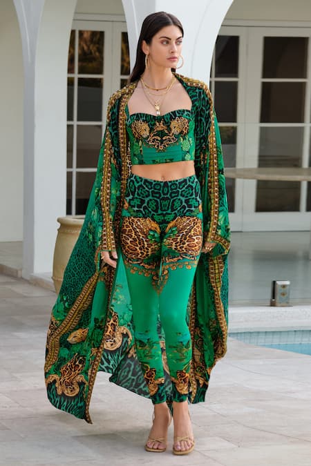 Buy_Zariaah_Green Viscose, Silk, Spandex Crystals, Wild Leopard Print Bustier With Leggings _Online_at_Aza_Fashions