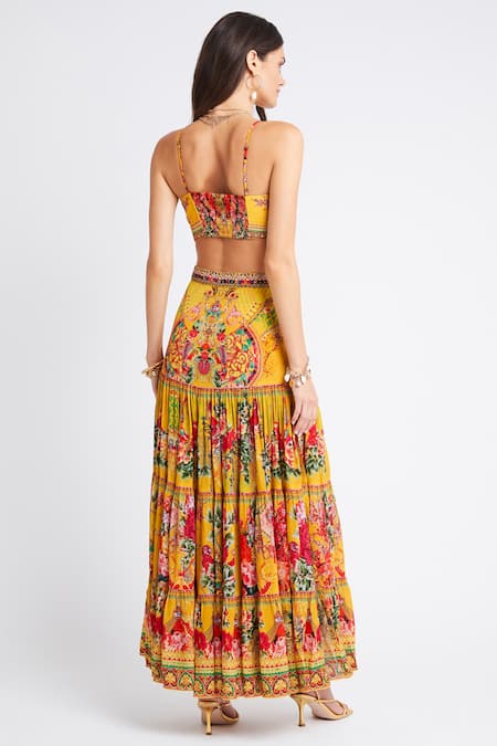 Shop Zariaah Yellow Viscose, Silk Embroidery, Crystals Summer Garden Print Top And Skirt Set at Aza Fashions Shop_Zariaah_Yellow Viscose, Silk Embroidery, Crystals Summer Garden Print Top And Skirt Set _at_Aza_Fashions