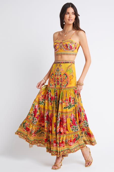 Buy Zariaah Yellow Viscose, Silk Embroidery, Crystals Summer Garden Print Top And Skirt Set Online at Aza Fashions Buy_Zariaah_Yellow Viscose, Silk Embroidery, Crystals Summer Garden Print Top And Skirt Set _Online_at_Aza_Fashions