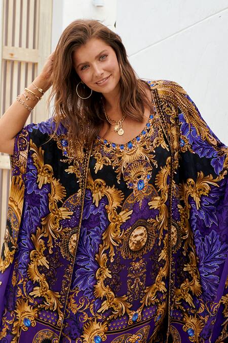 Zariaah Blue Viscose, Silk Crystals Scoop Neck Empress Print Kaftan With Long Robe Online at Aza Fashions Zariaah_Blue Viscose, Silk Crystals Scoop Neck Empress Print Kaftan With Long Robe _Online_at_Aza_Fashions