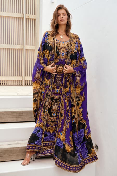 Buy Zariaah Blue Viscose, Silk Crystals Scoop Neck Empress Print Kaftan With Long Robe Online at Aza Fashions Buy_Zariaah_Blue Viscose, Silk Crystals Scoop Neck Empress Print Kaftan With Long Robe _Online_at_Aza_Fashions