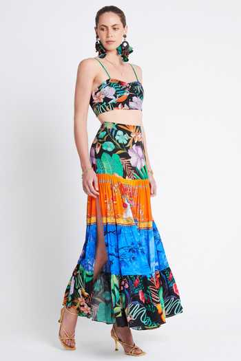 Buy_Zariaah_Multi Color Viscose, Silk Crystals Tropical Floral Print Bustier And Skirt Set _Online_at_Aza_Fashions