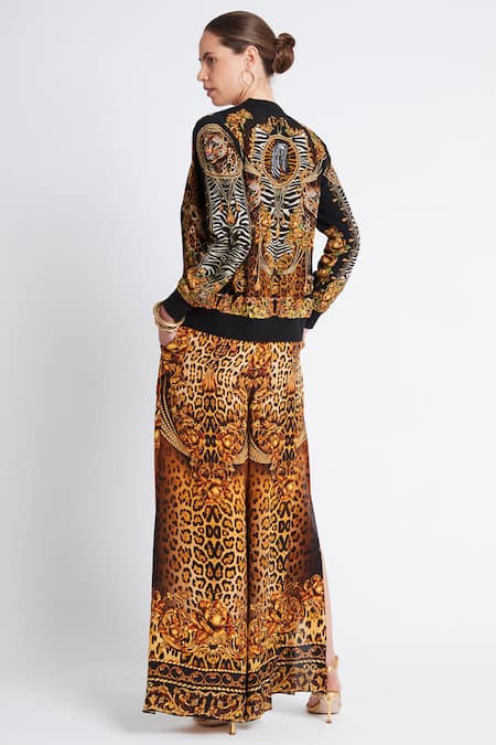 Shop Zariaah Black Viscose, Silk Crystals Cleopatra Print Palazzo Set With Bomber Jacket at Aza Fashions Shop_Zariaah_Black Viscose, Silk Crystals Cleopatra Print Palazzo Set With Bomber Jacket _at_Aza_Fashions