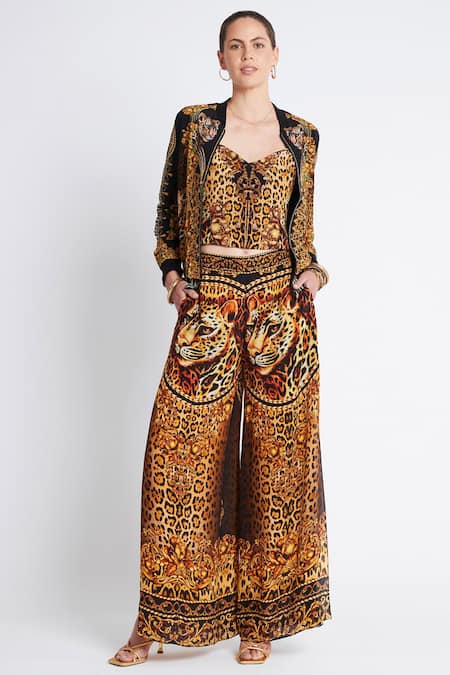 Zariaah Black Viscose, Silk Crystals Cleopatra Print Palazzo Set With Bomber Jacket Online at Aza Fashions Zariaah_Black Viscose, Silk Crystals Cleopatra Print Palazzo Set With Bomber Jacket _Online_at_Aza_Fashions