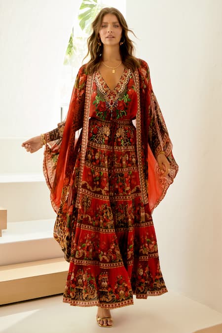 Zariaah Red Viscose Silk Floral Printed Rouge Skirt  