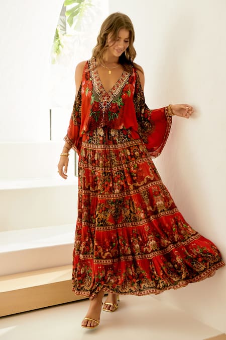 Zariaah_Red Viscose Rouge Floral Print Skirt _Online_at_Aza_Fashions