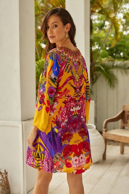 Zariaah_Yellow Viscose, Silk Embroidery, Stones V-neck Tropical Floral Print Tunic _Online_at_Aza_Fashions