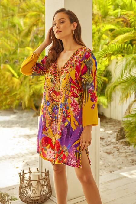 Zariaah_Yellow Viscose, Silk Embroidery, Stones V-neck Tropical Floral Print Tunic _at_Aza_Fashions