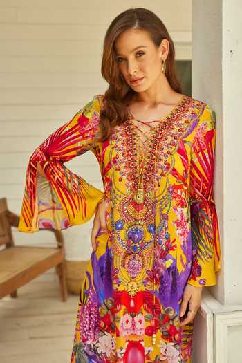 Buy_Zariaah_Yellow Viscose, Silk Embroidery V-neck Tropical Floral Print Dress _Online_at_Aza_Fashions