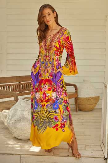 Shop_Zariaah_Yellow Viscose, Silk Embroidery V-neck Tropical Floral Print Dress _Online_at_Aza_Fashions
