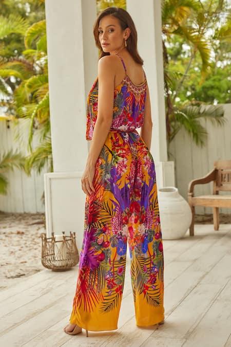 Shop_Zariaah_Yellow Viscose, Silk Stones Round Neck Tropical Floral Print Jumpsuit _at_Aza_Fashions