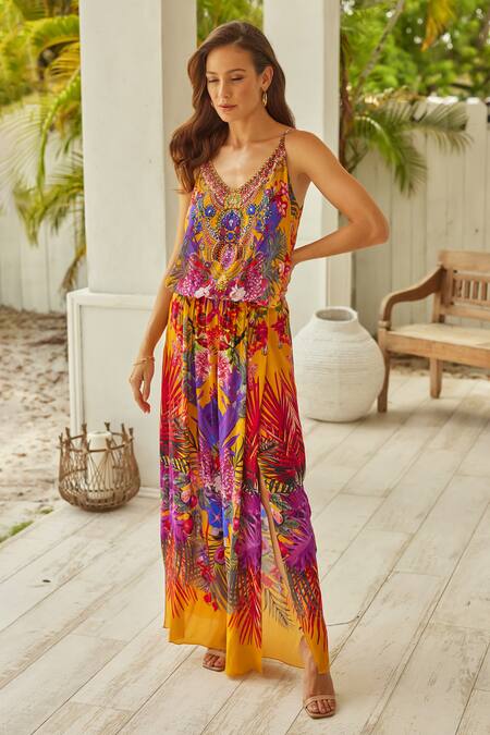 Zariaah_Yellow Viscose, Silk Stones Round Neck Tropical Floral Print Jumpsuit _Online_at_Aza_Fashions