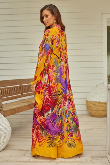 Shop_Zariaah_Yellow Tropical Blossom Print Cape _at_Aza_Fashions
