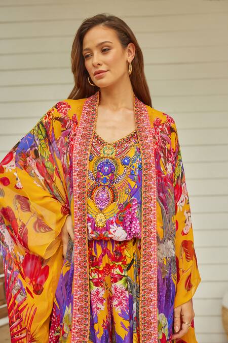 Zariaah_Yellow Tropical Blossom Print Cape _Online_at_Aza_Fashions