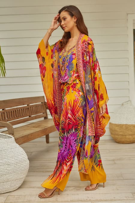Buy_Zariaah_Yellow Tropical Blossom Print Cape _Online_at_Aza_Fashions