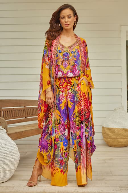 Zariaah_Yellow Tropical Blossom Print Cape _at_Aza_Fashions
