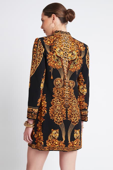Shop Zariaah Black Viscose, Silk Collared Leopard Print Blazer Dress at Aza Fashions Shop_Zariaah_Black Viscose, Silk Collared Leopard Print Blazer Dress _at_Aza_Fashions