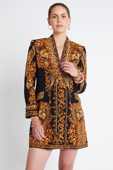 Zariaah Black Viscose, Silk Collared Leopard Print Blazer Dress Online at Aza Fashions Zariaah_Black Viscose, Silk Collared Leopard Print Blazer Dress _Online_at_Aza_Fashions