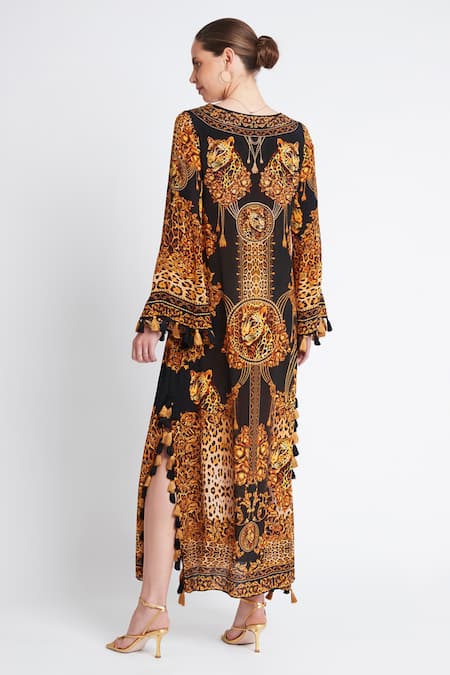 Shop Zariaah Black Viscose, Silk Tassels V-neck Cleopatra Leopard Print Long Tunic at Aza Fashions Shop_Zariaah_Black Viscose, Silk Tassels V-neck Cleopatra Leopard Print Long Tunic _at_Aza_Fashions
