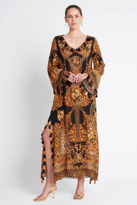 Zariaah Black Viscose, Silk Tassels V-neck Cleopatra Leopard Print Long Tunic Online at Aza Fashions Zariaah_Black Viscose, Silk Tassels V-neck Cleopatra Leopard Print Long Tunic _Online_at_Aza_Fashions