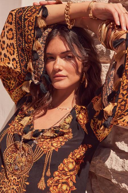 Shop Zariaah Black Viscose, Silk Tassels V-neck Cleopatra Leopard Print Long Tunic Online at Aza Fashions Shop_Zariaah_Black Viscose, Silk Tassels V-neck Cleopatra Leopard Print Long Tunic _Online_at_Aza_Fashions