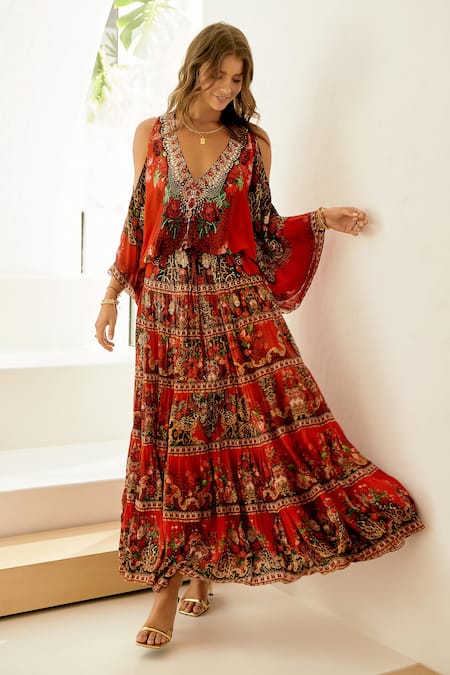 Zariaah Red Viscose, Silk Stones V-neck Rouge Swirl Print Skirt With Top Online at Aza Fashions Zariaah_Red Viscose, Silk Stones V-neck Rouge Swirl Print Skirt With Top _Online_at_Aza_Fashions