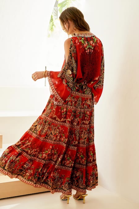 Shop Zariaah Red Viscose, Silk Stones V-neck Rouge Swirl Print Skirt With Top at Aza Fashions Shop_Zariaah_Red Viscose, Silk Stones V-neck Rouge Swirl Print Skirt With Top _at_Aza_Fashions