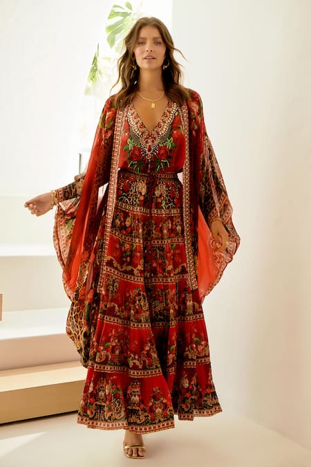 Zariaah_Red Chiffon, Viscose Stones V-neck Rouge Leopard Print Cape Skirt Set _Online_at_Aza_Fashions