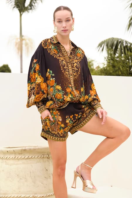 Buy_Zariaah_Black Viscose, Silk Collared Enchanted Leopard Print Shirt With Shorts _Online_at_Aza_Fashions