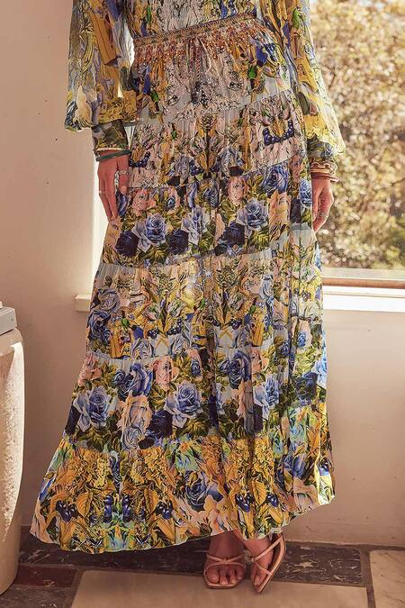 Shop Zariaah Blue Chiffon, Silk, Viscose Stones Off-shoulder Floral Print Off Top With Skirt Online at Aza Fashions Shop_Zariaah_Blue Chiffon, Silk, Viscose Stones Off-shoulder Floral Print Off Top With Skirt _Online_at_Aza_Fashions
