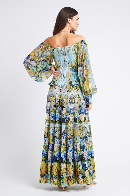 Shop Zariaah Blue Chiffon, Silk, Viscose Stones Off-shoulder Floral Print Off Top With Skirt at Aza Fashions Shop_Zariaah_Blue Chiffon, Silk, Viscose Stones Off-shoulder Floral Print Off Top With Skirt _at_Aza_Fashions