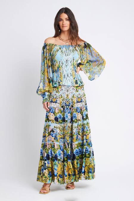 Zariaah Blue Chiffon, Silk, Viscose Stones Off-shoulder Floral Print Off Top With Skirt at Aza Fashions Zariaah_Blue Chiffon, Silk, Viscose Stones Off-shoulder Floral Print Off Top With Skirt _at_Aza_Fashions