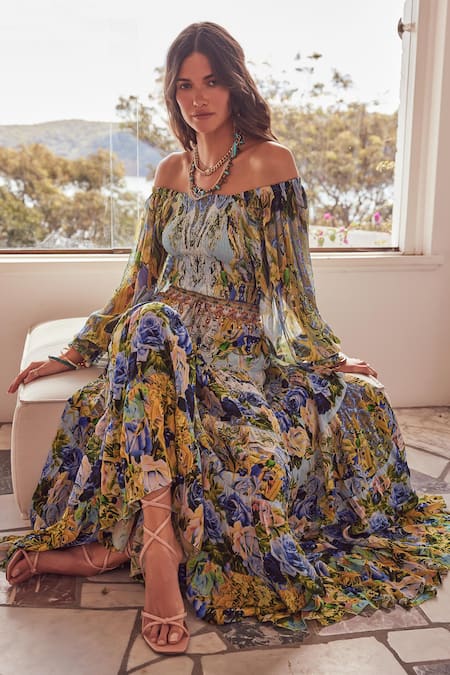 Buy Zariaah Blue Chiffon, Silk, Viscose Stones Off-shoulder Floral Print Off Top With Skirt Buy_Zariaah_Blue Chiffon, Silk, Viscose Stones Off-shoulder Floral Print Off Top With Skirt