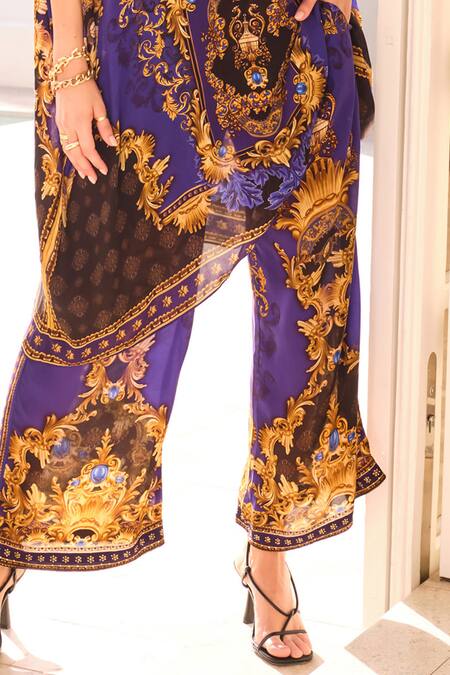 Shop_Zariaah_Blue Viscose, Silk Shawl Neck Empress Abstract Print Kaftan With Palazzo _Online_at_Aza_Fashions