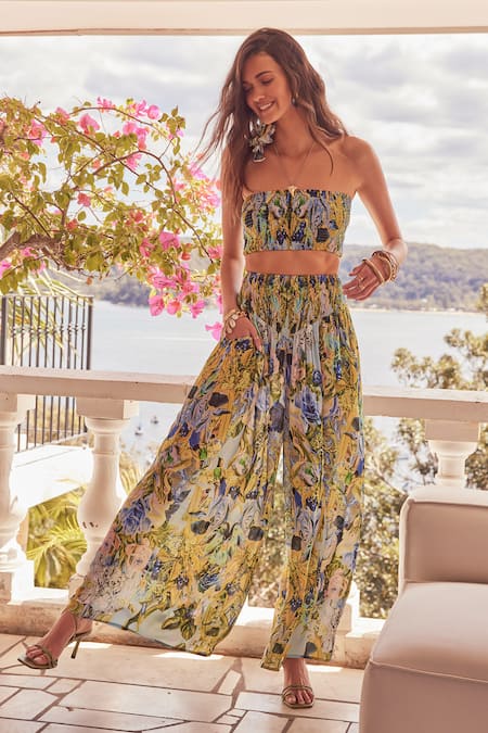 Buy_Zariaah_Blue Viscose, Silk Bandeau Neck Floral Print Tube Top With Pant _Online_at_Aza_Fashions