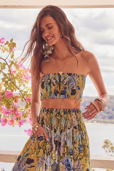 Shop_Zariaah_Blue Viscose, Silk Bandeau Neck Floral Print Tube Top With Pant _Online_at_Aza_Fashions