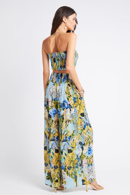 Zariaah_Blue Viscose, Silk Bandeau Neck Floral Print Tube Top With Pant _at_Aza_Fashions