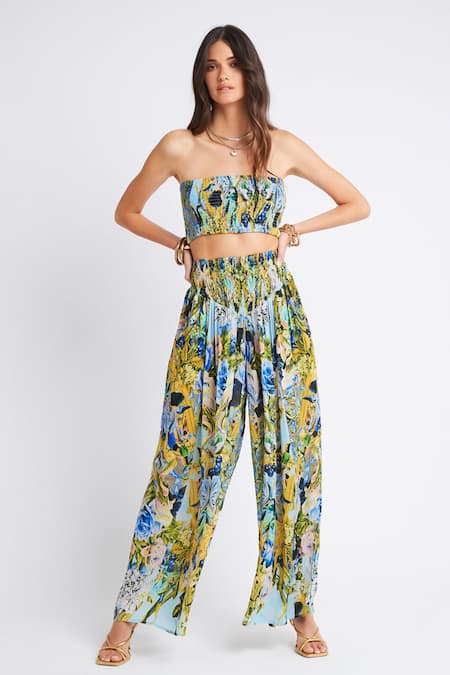 Buy_Zariaah_Blue Viscose, Silk Bandeau Neck Floral Print Tube Top With Pant 