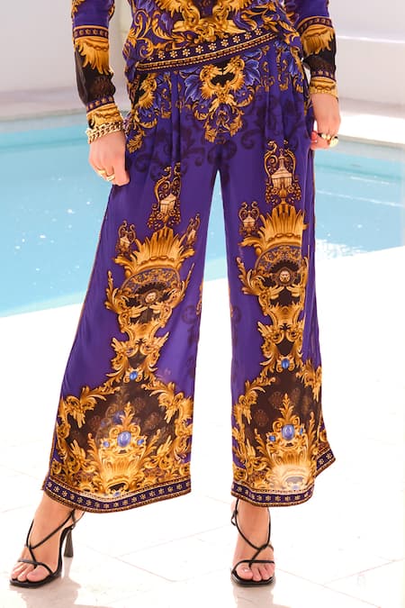 Zariaah_Blue Viscose, Silk Collared Swirl Print Shirt With Palazzo _Online_at_Aza_Fashions