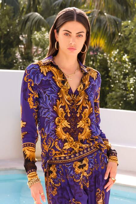 Shop_Zariaah_Blue Viscose, Silk Collared Swirl Print Shirt With Palazzo _Online_at_Aza_Fashions