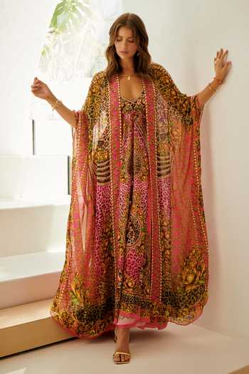 Zariaah_Pink Viscose, Silk Stones V-neck Princess Leopard Print Cape With Dress _Online_at_Aza_Fashions