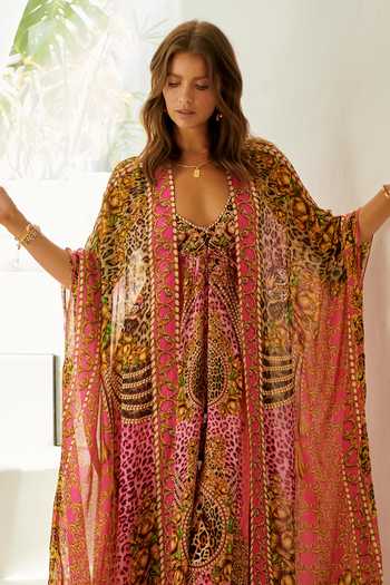 Buy_Zariaah_Pink Viscose, Silk Stones V-neck Princess Leopard Print Cape With Dress _Online_at_Aza_Fashions