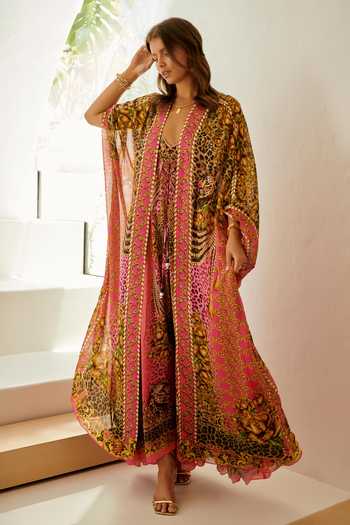 Shop_Zariaah_Pink Viscose, Silk Stones V-neck Princess Leopard Print Cape With Dress _Online_at_Aza_Fashions