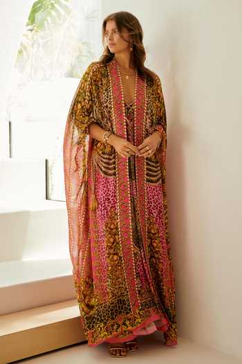 Zariaah_Pink Viscose, Silk Stones V-neck Princess Leopard Print Cape With Dress _at_Aza_Fashions