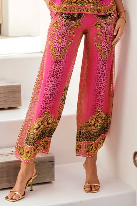 Shop_Zariaah_Pink Viscose, Silk Stones V-neck Princess Leopard Print Top With Pant _Online_at_Aza_Fashions